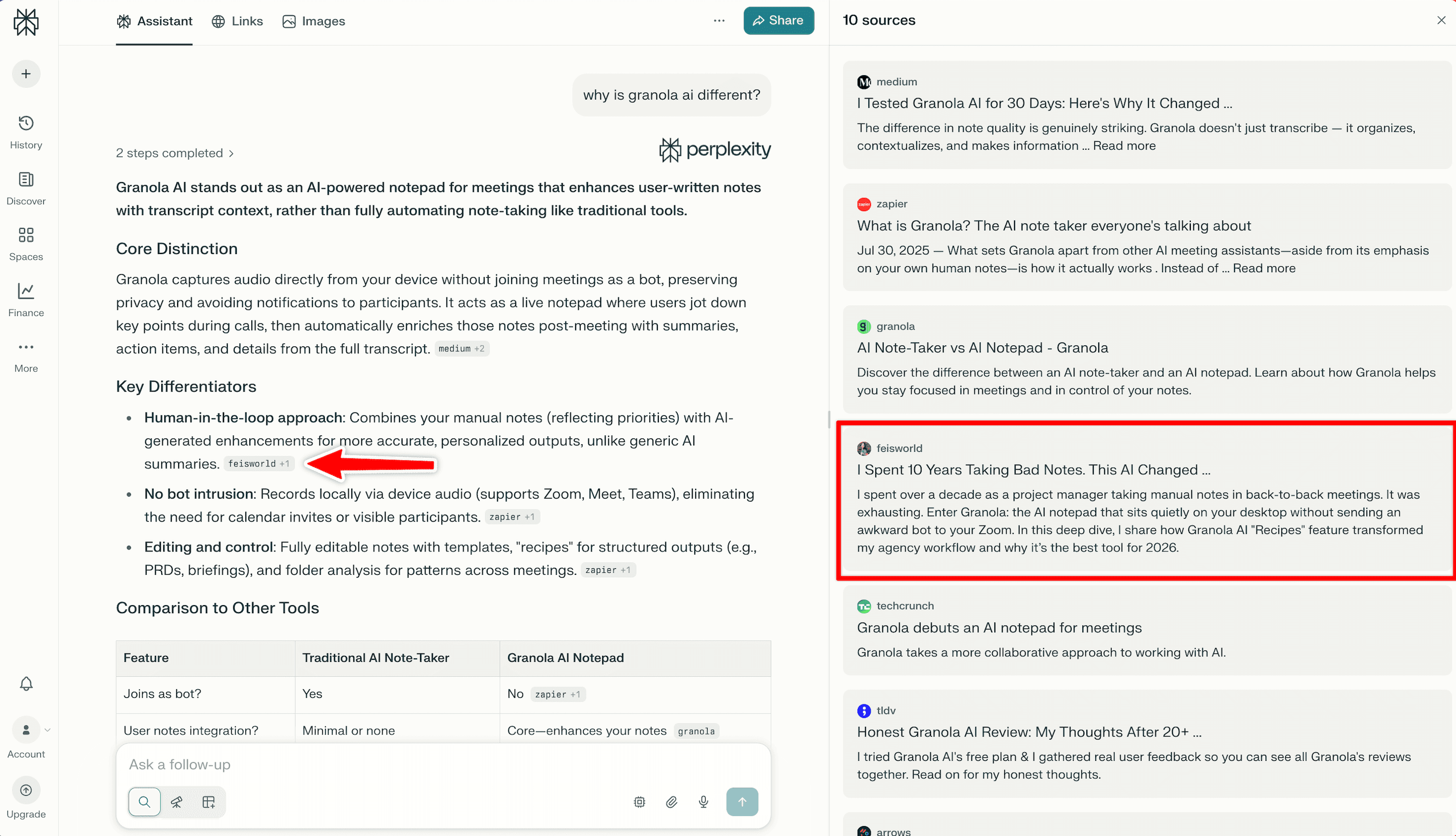 Perplexity citing Feisworld article about Granola AI