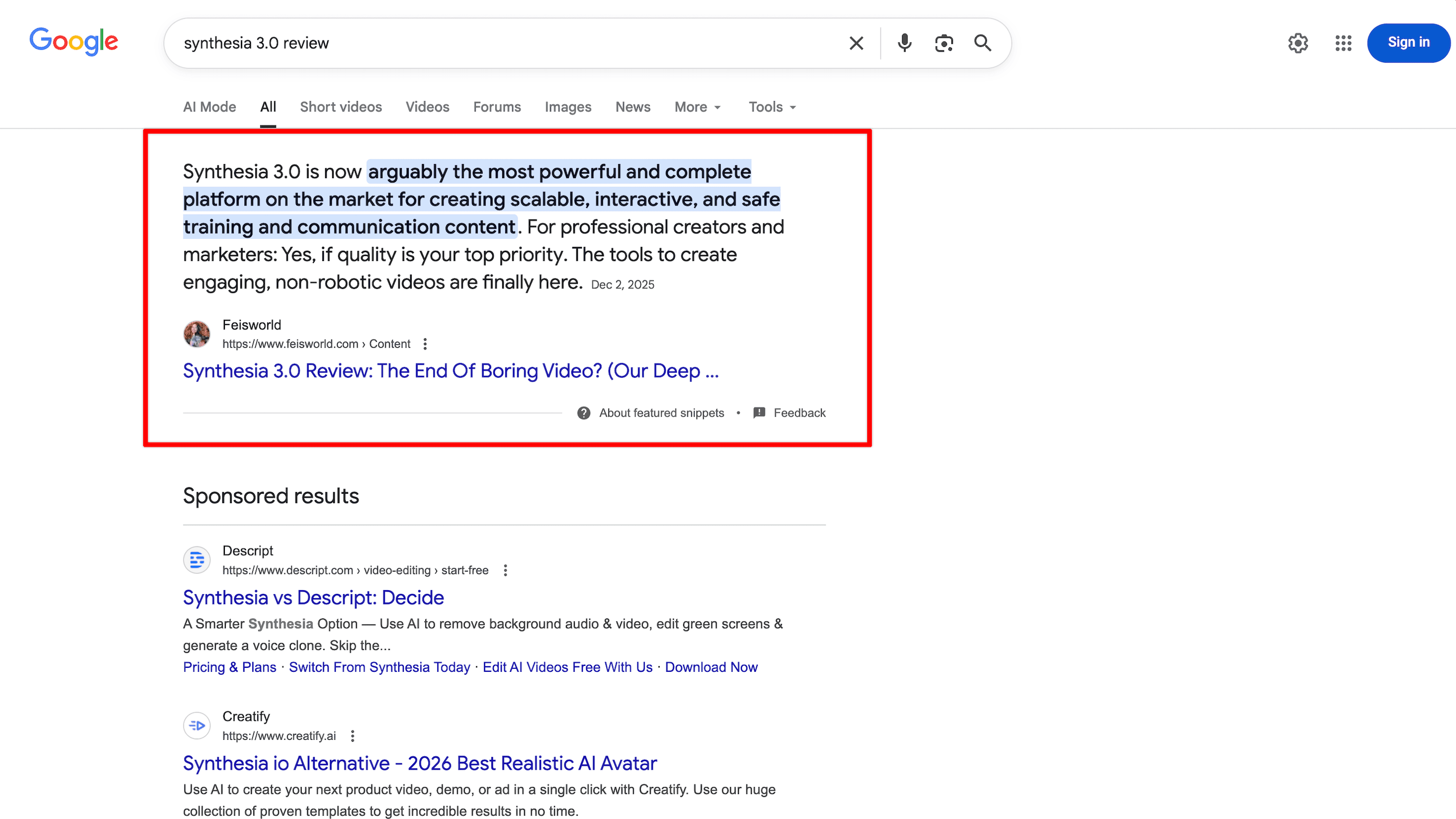 Google featured snippet pulling from Feisworld Synthesia 3.0 review