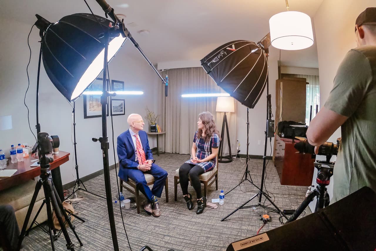 Behind the scenes filming Barry Alexander interview with studio lighting