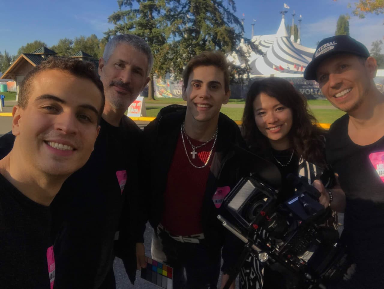 Crew selfie outside Cirque du Soleil VOLTA tent