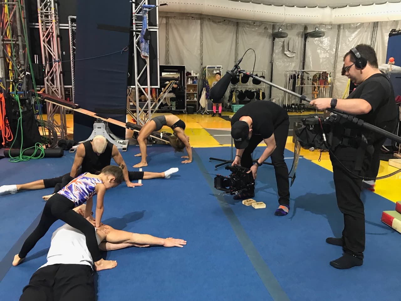 Filming Atherton family stretching during Cirque du Soleil training