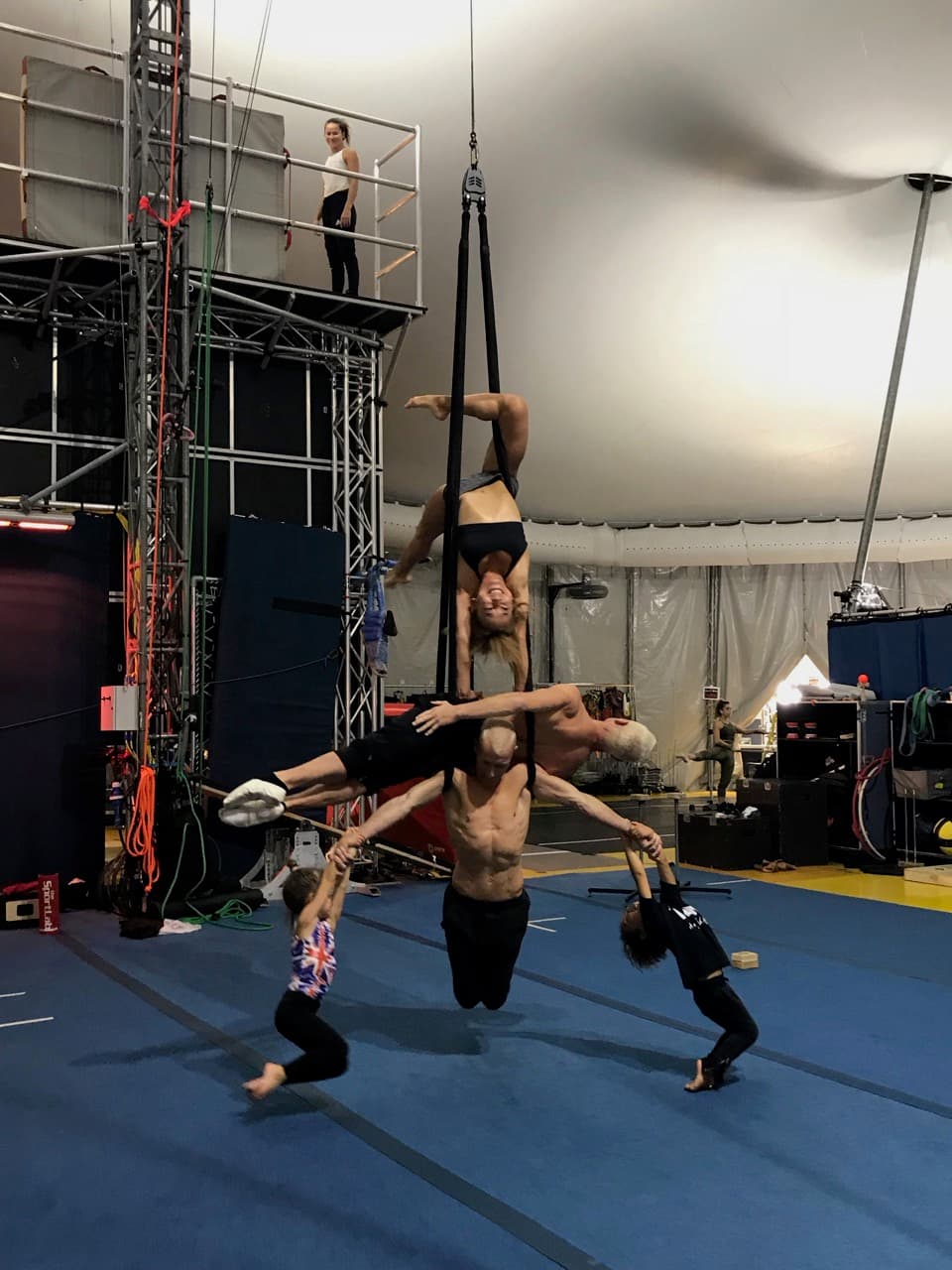 Atherton family performing aerial act during documentary filming