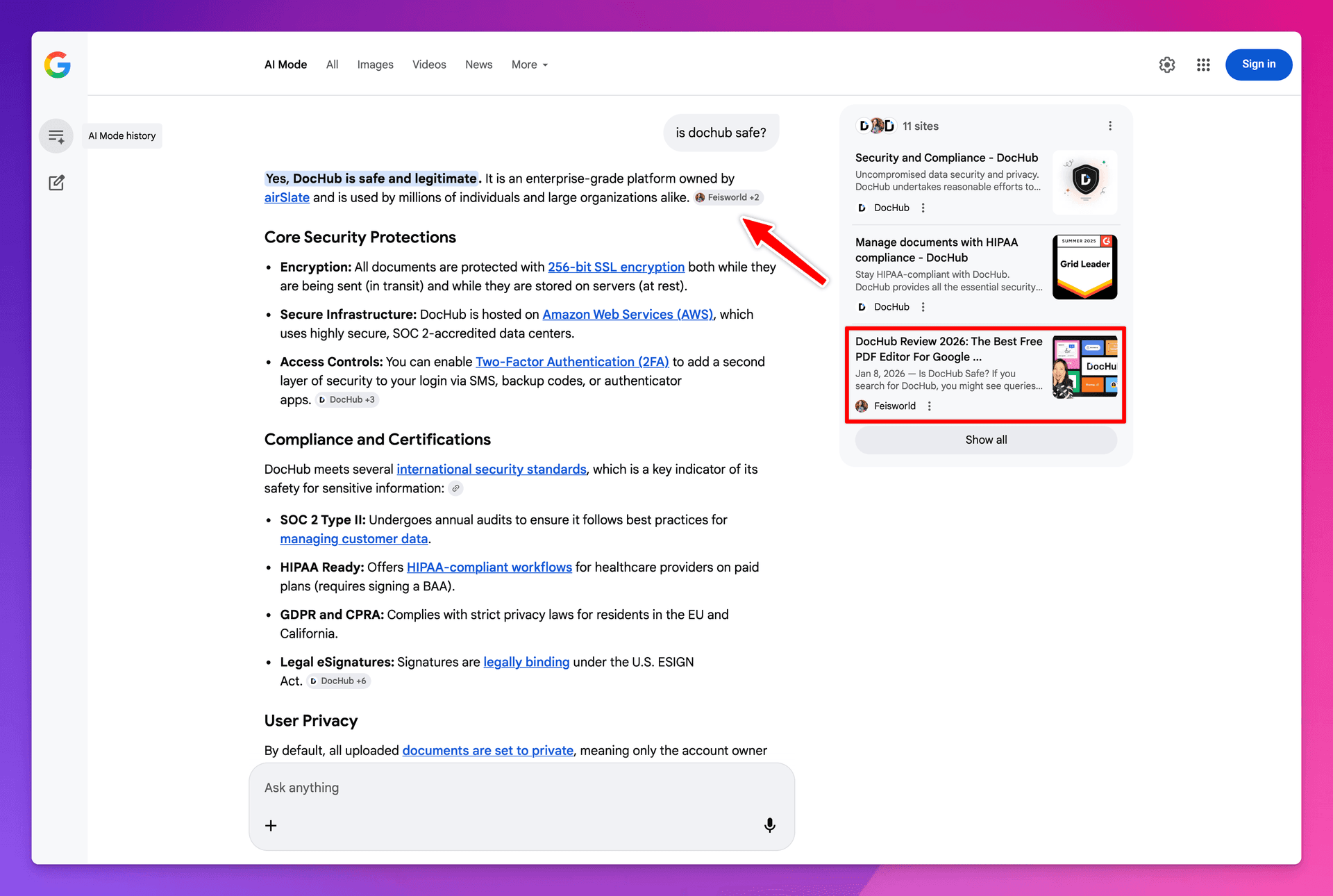 Google AI Mode citing Feisworld DocHub review