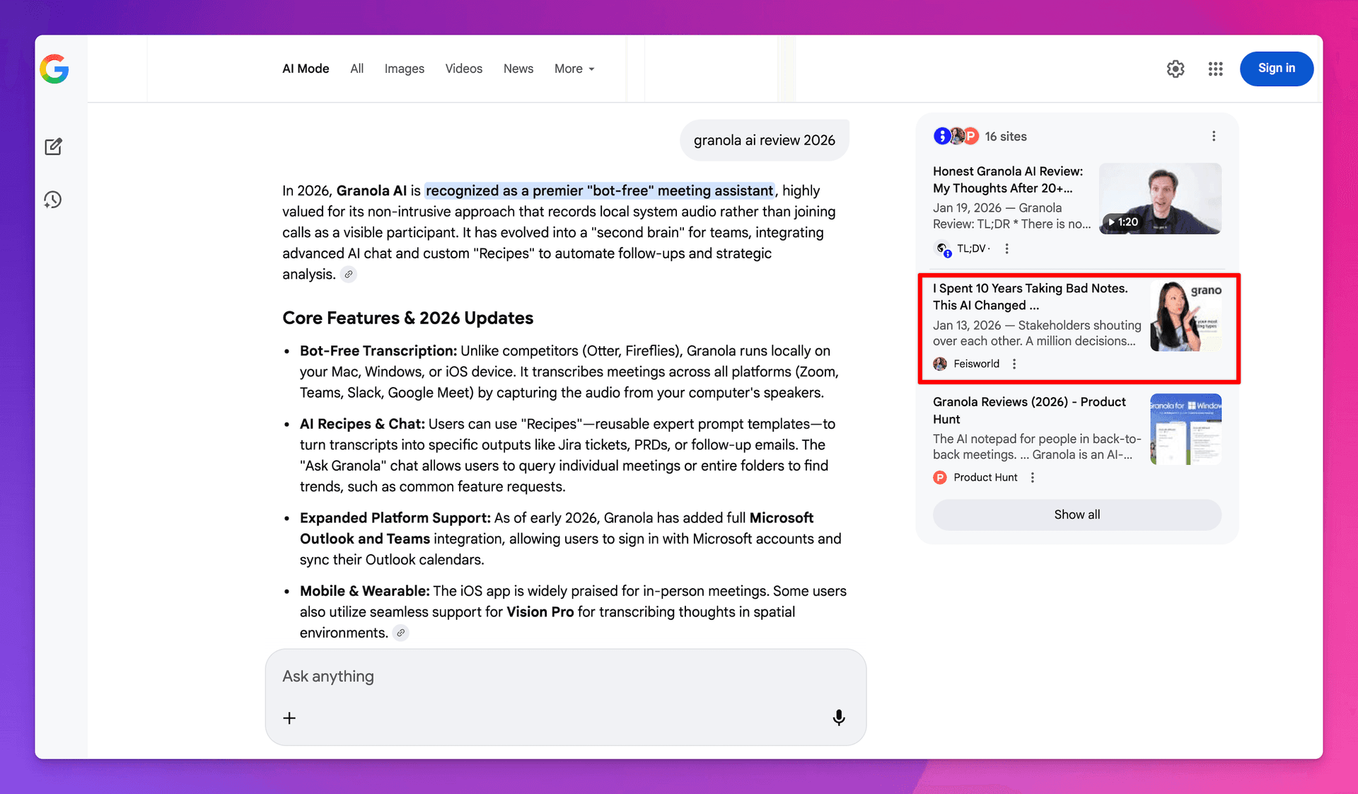 Google AI Mode citing Feisworld Granola AI review
