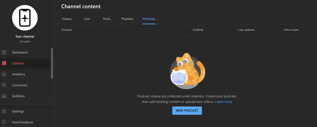 YouTube Studio Podcast Tab