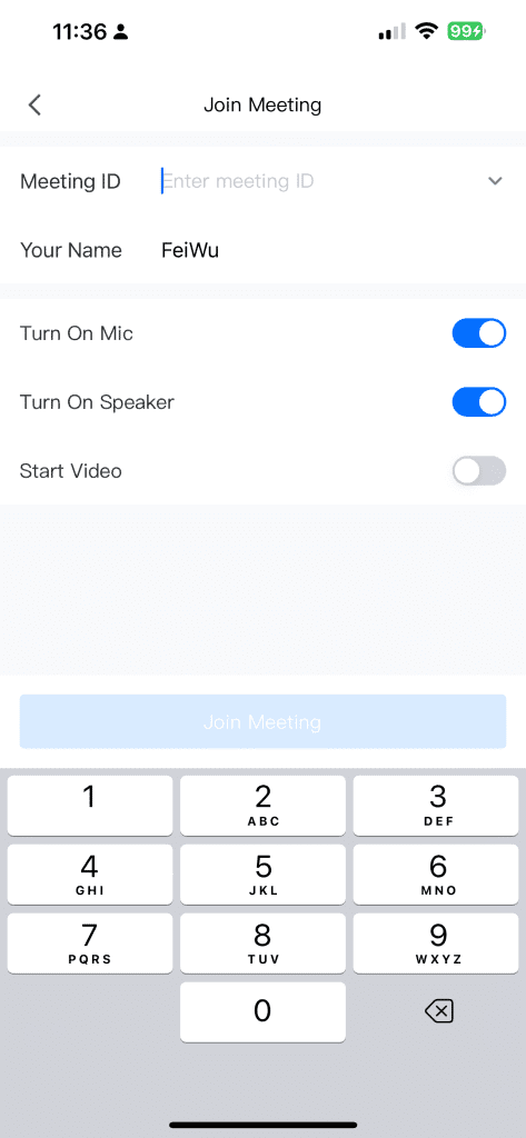 VooV mobile app screen confirming meeting entry with audio and video settings