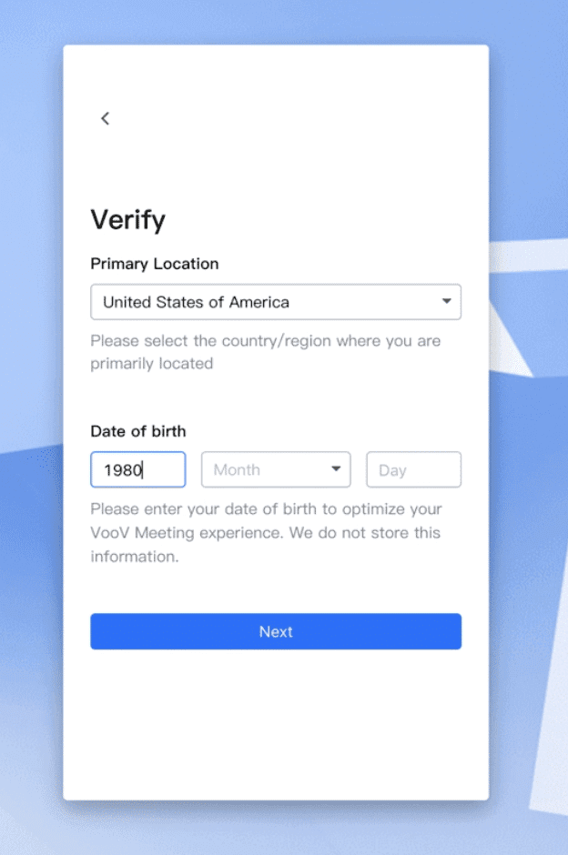 VooV age verification form with year field highlighted for international users