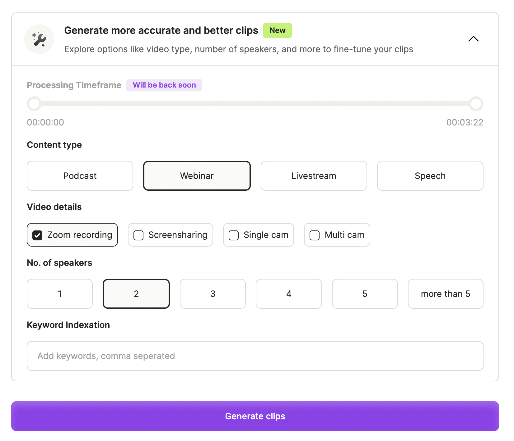 Vidyo generator advanced options