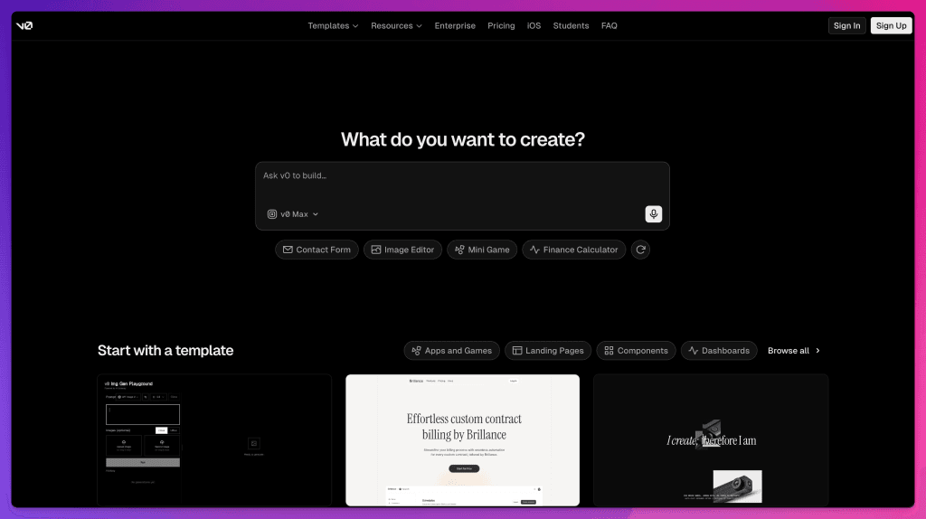 v0, one of the best platforms to build websites with AI