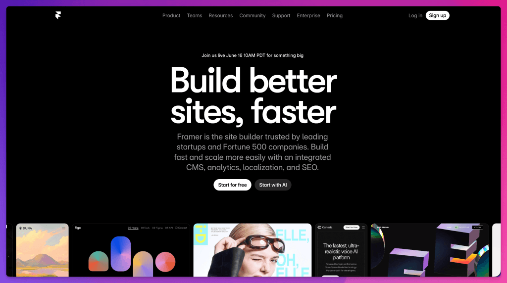Framer, one of the best websites to build websites with AI