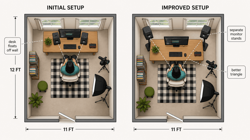 Diagram showing the Feisworld creator room with the desk floating off the window wall and an improved Focal Alpha 50 Evo setup using separate monitor stands for a better listening triangle