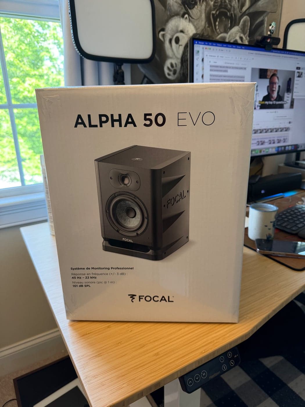 Focal Alpha 50 Evo retail box on the Feisworld editing desk