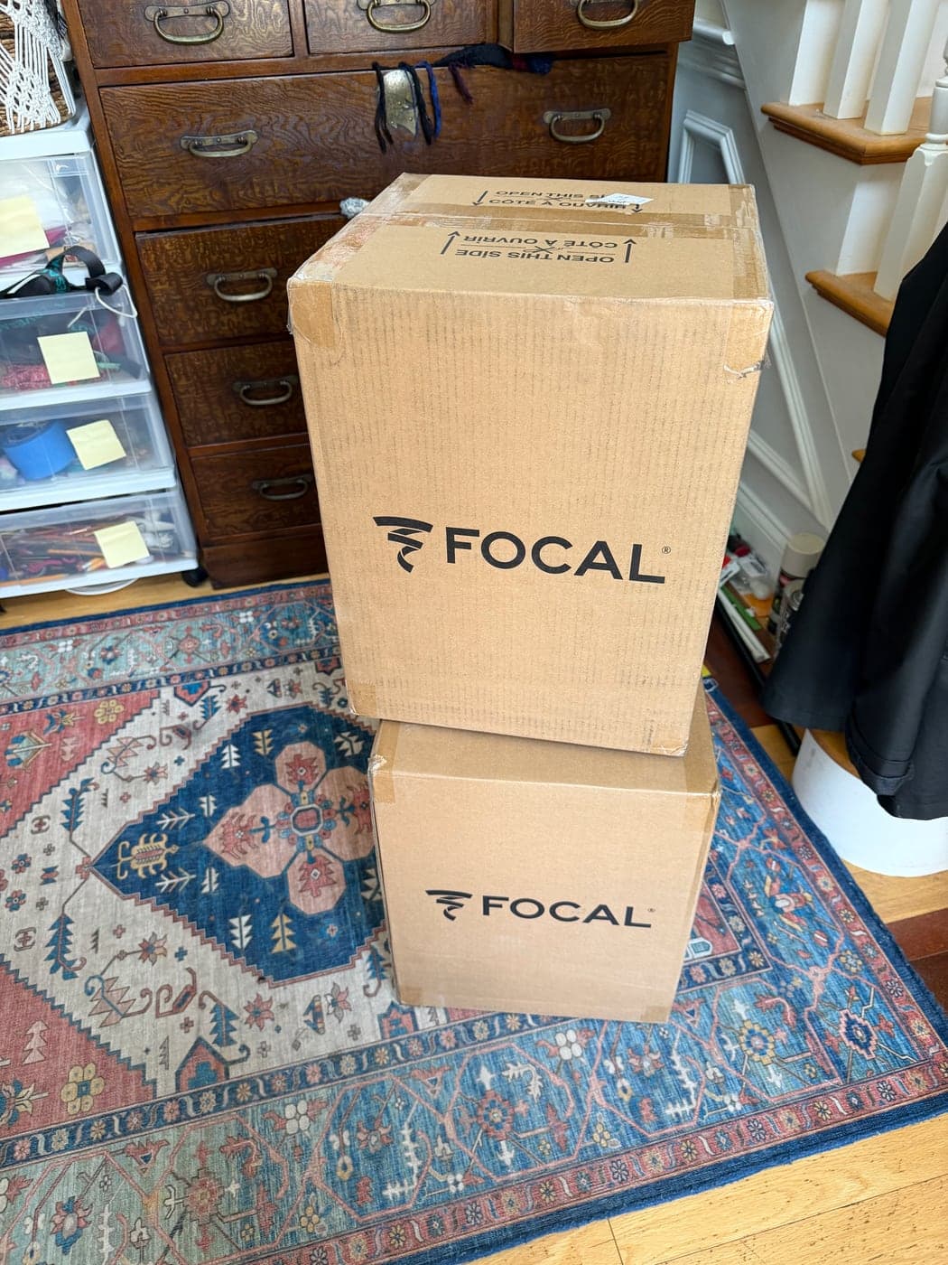 Two Focal Alpha 50 Evo shipping boxes stacked in the Feisworld studio before unboxing