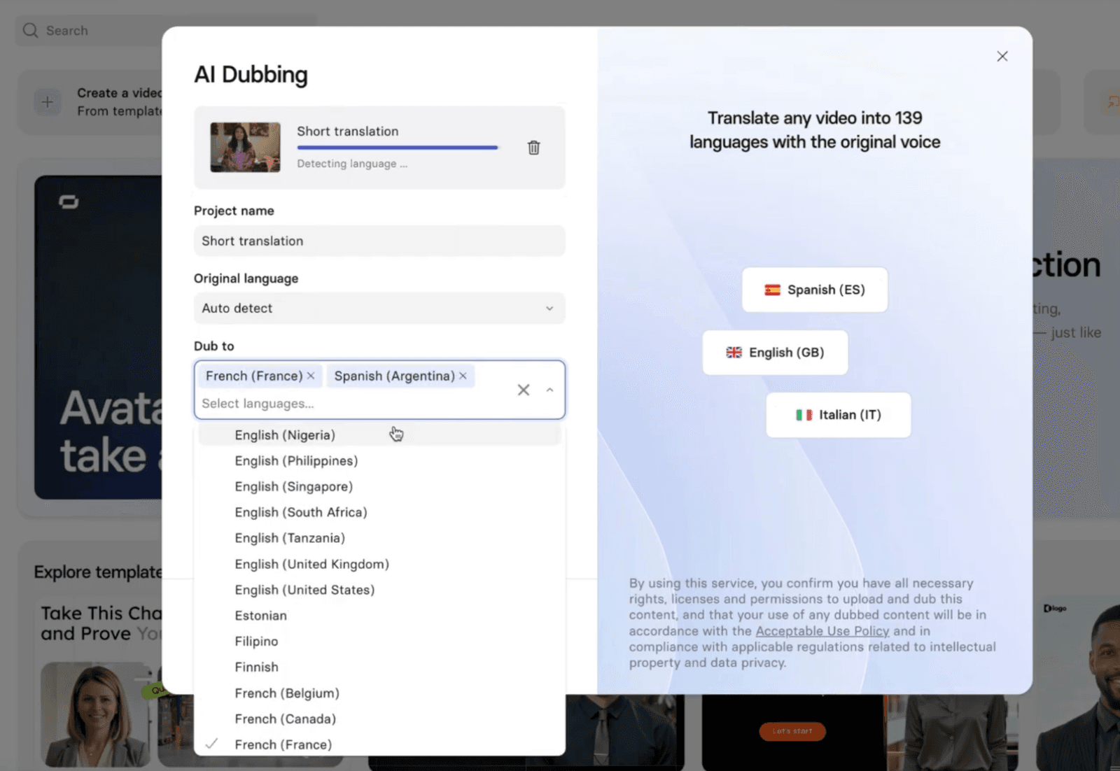 Screenshot showing the language selection menu in Synthesia, with multiple languages like Spanish, French, and German checked.
