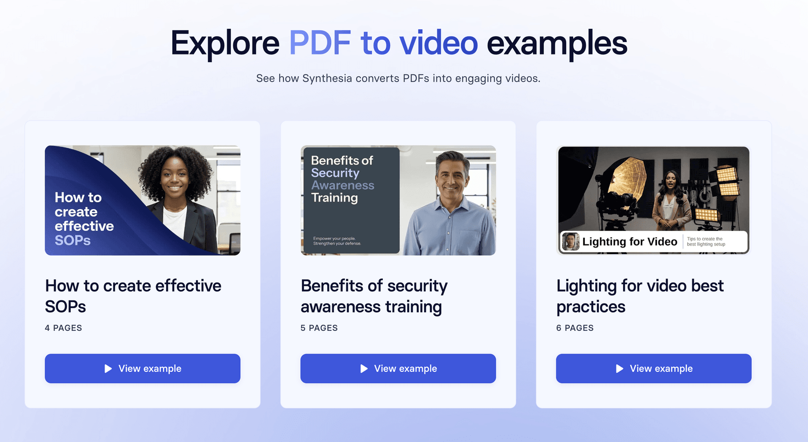 Synthesia PDF to video converter examples.