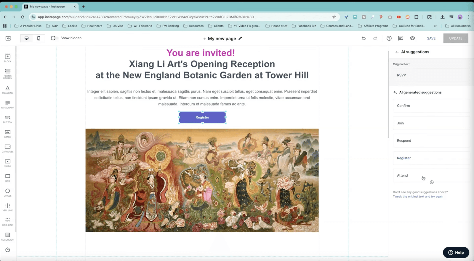 Instapage AI suggestions - Building a landing page in 5 minutes with Instapage, for Xiang Li Art