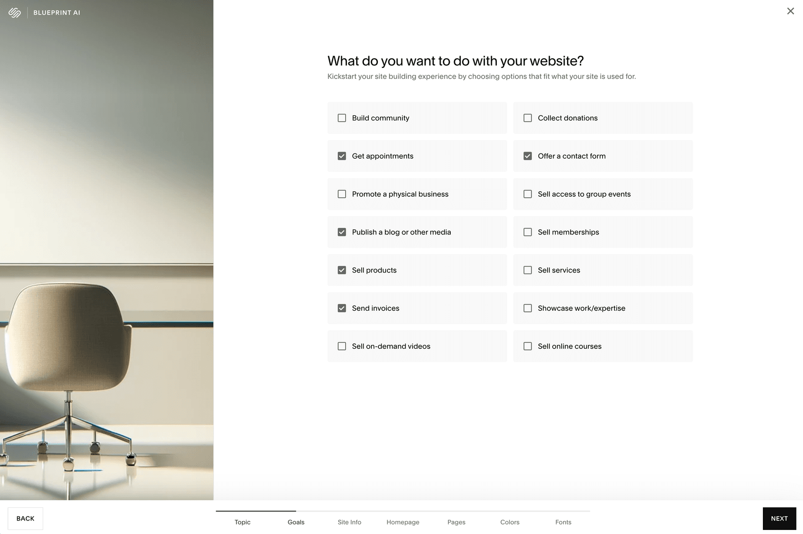 Squarespace Blueprint AI Builder: Goals selection screen with five options checked — Get appointments, Offer a contact form, Publish a blog or other media, Sell products, and Send invoices