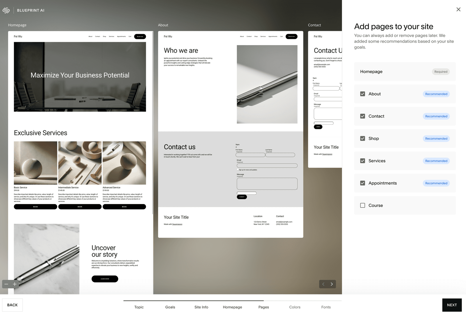 Squarepace Blueprint AI Builder: Page selection showing Homepage, About, Contact, Shop, Services, and Appointments checked, with side-by-side previews of the generated pages