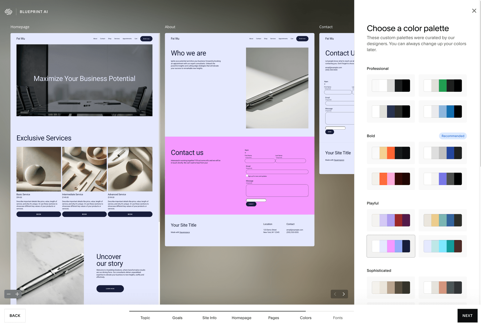 Color palette selection showing Professional, Bold (Recommended), Playful, and Sophisticated categories with the live preview reflecting color changes in real time