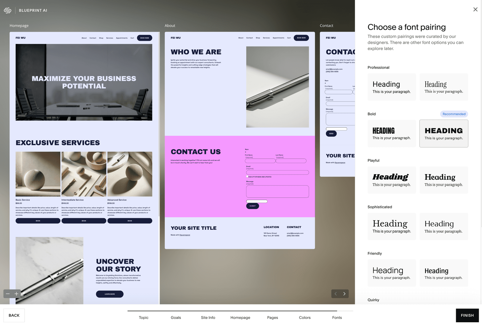 Font pairing selection showing the Bold category highlighted with an uppercase serif heading style applied to the live preview