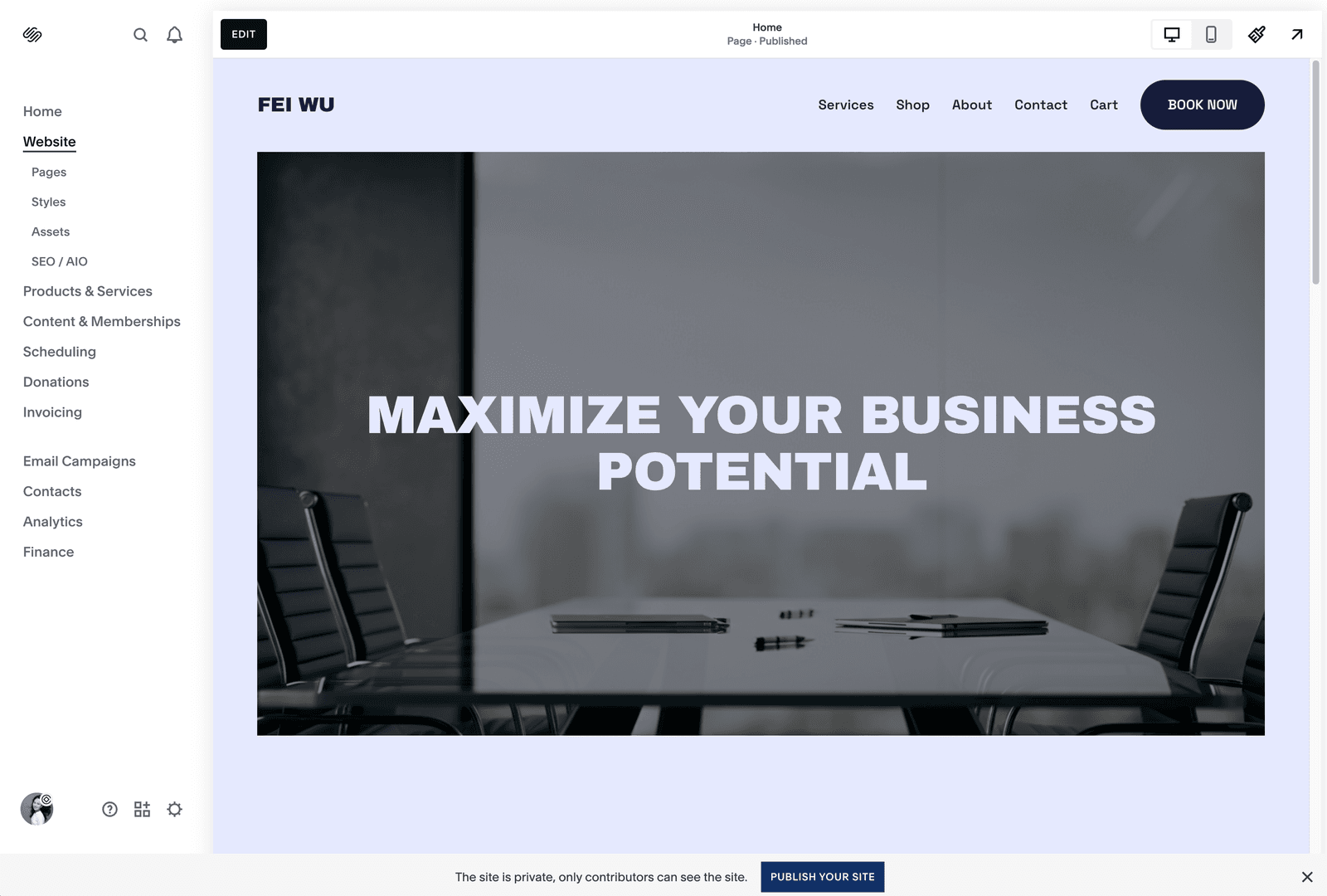 Final site in the Squarespace editor, desktop view showing the completed homepage with bold navy theme