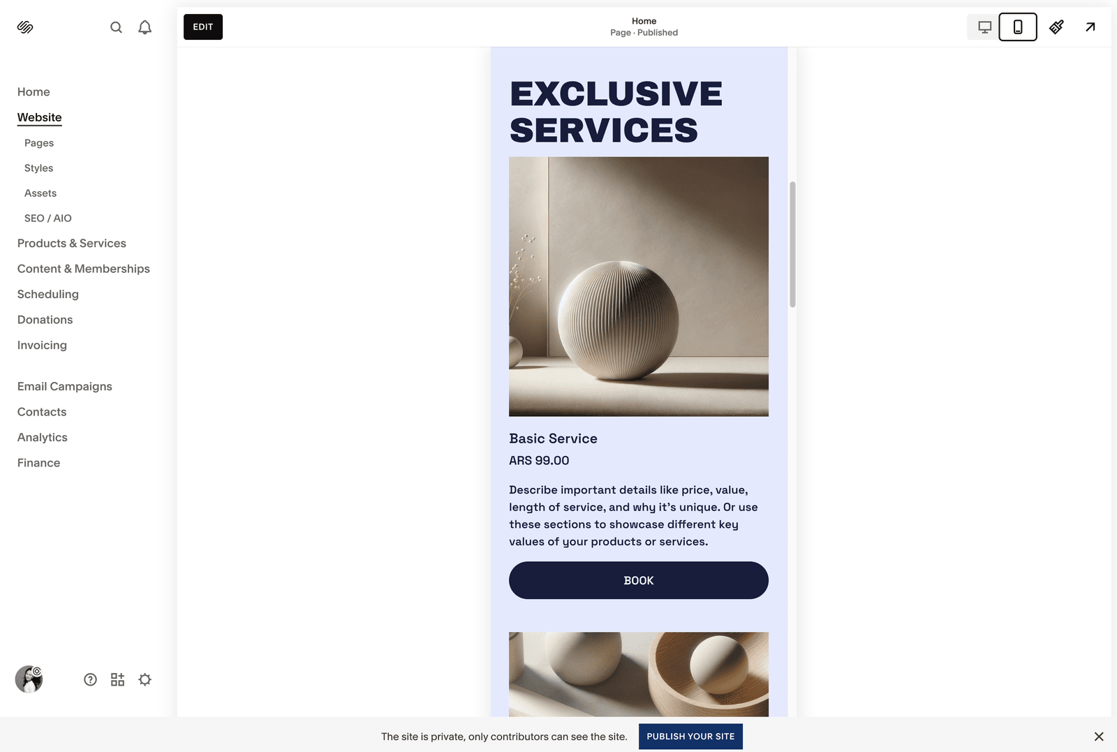 Mobile view of the same site showing the responsive Services section with pricing and booking buttons