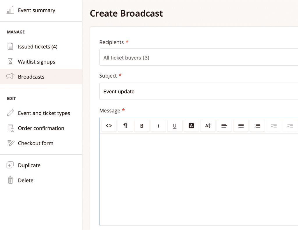 Ticket Tailor Create Broadcast
