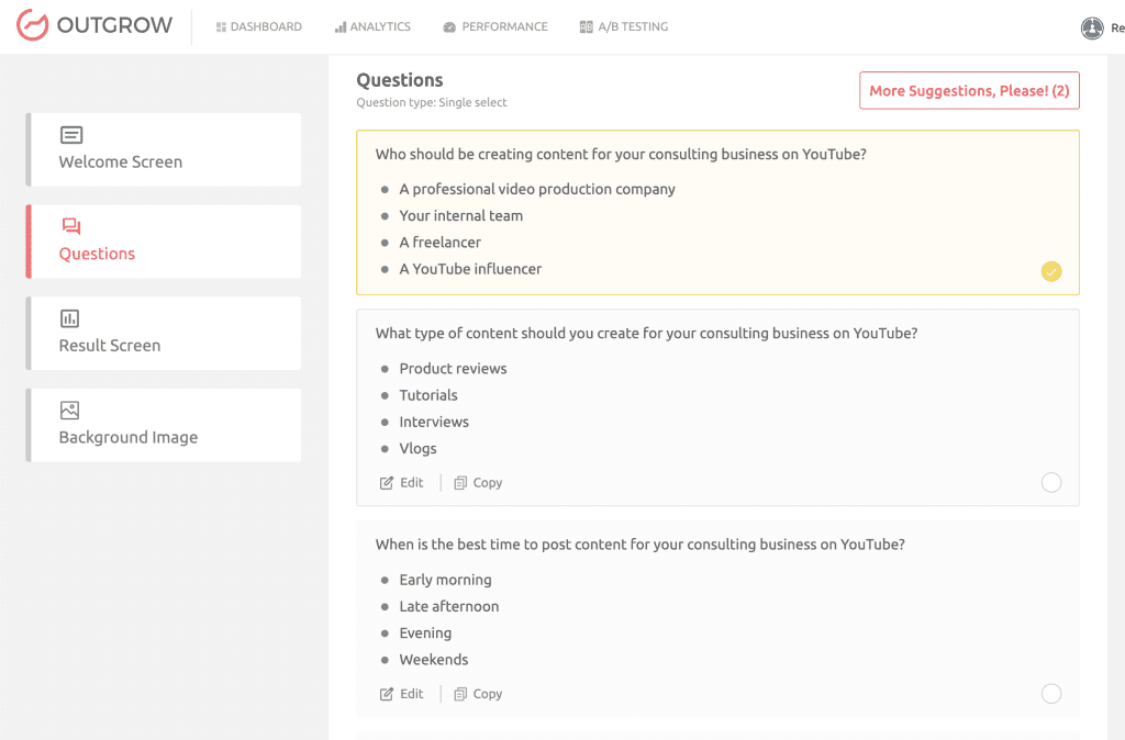 Outgrow AI-generated interactive quiz questions screen editor view