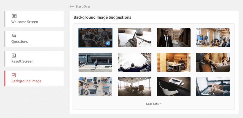 Outgrow interactive content editor showing quiz layout and answer options