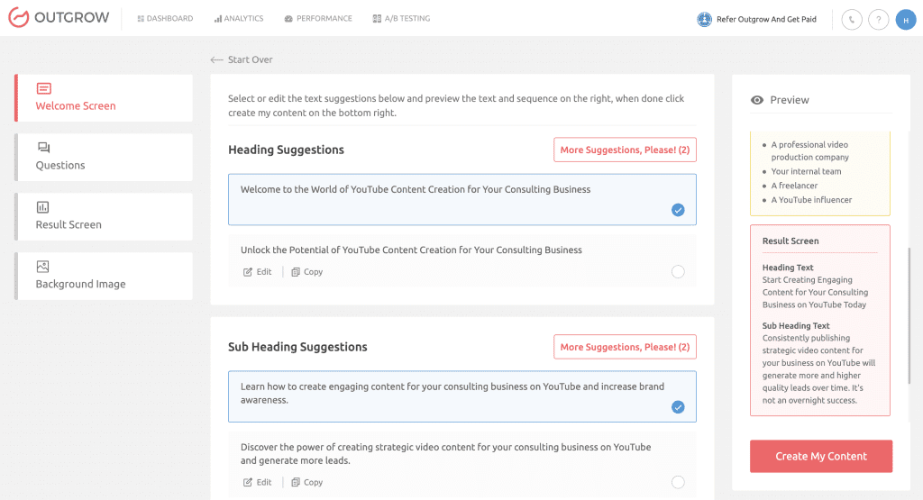 Outgrow AI-generated quiz result screen with personalized outcome display