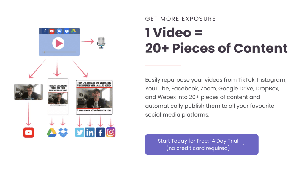 Repurpose.io repurposes 1 video into 20+ pieces of content.