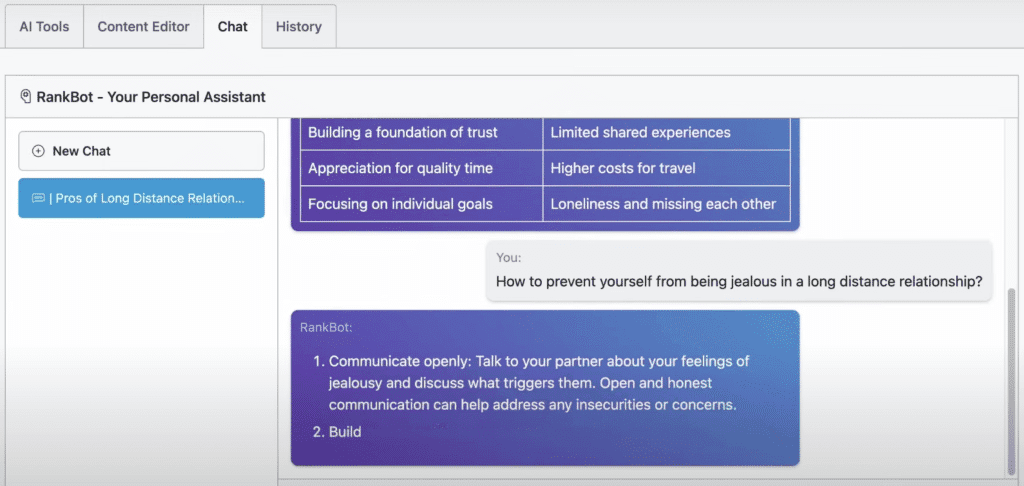 RankBot. Use the smart SEO chatbot to research topics and gather insights from Rank Math and WordPress dashboard.