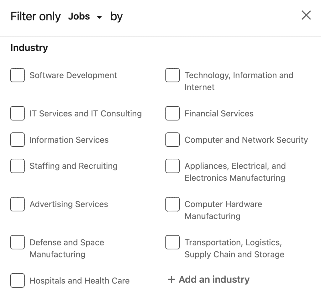 LinkedIn advanced filters panel showing job function and benefits options
