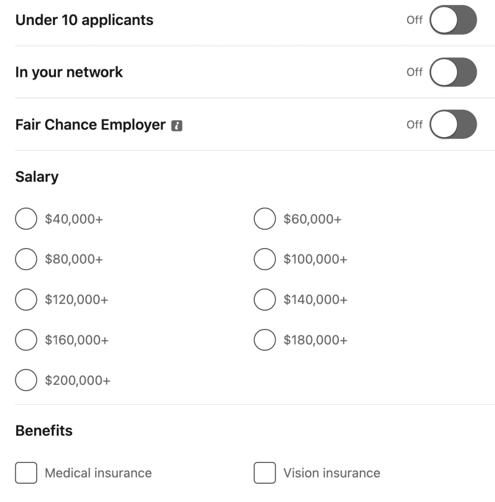 LinkedIn job search additional filters including industry and company size