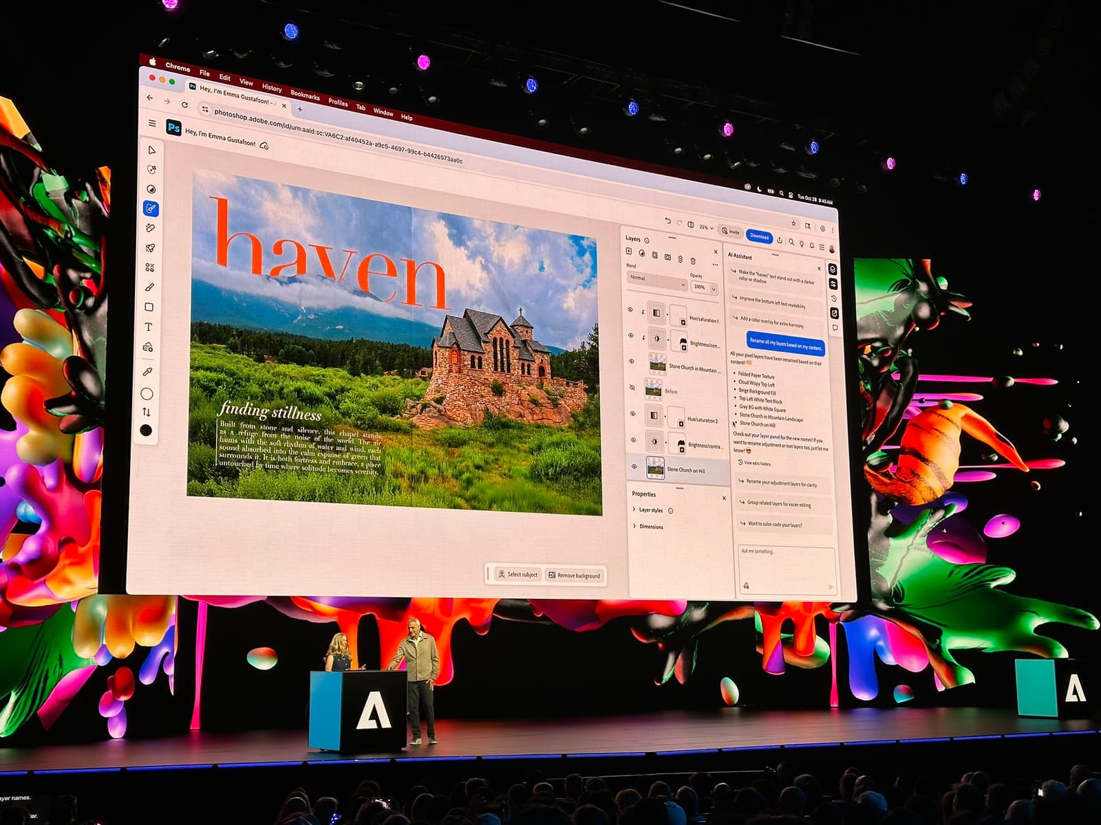 The new AI Assistant chat interface shown inside Adobe Photoshop at the Adobe MAX 2025 keynote.