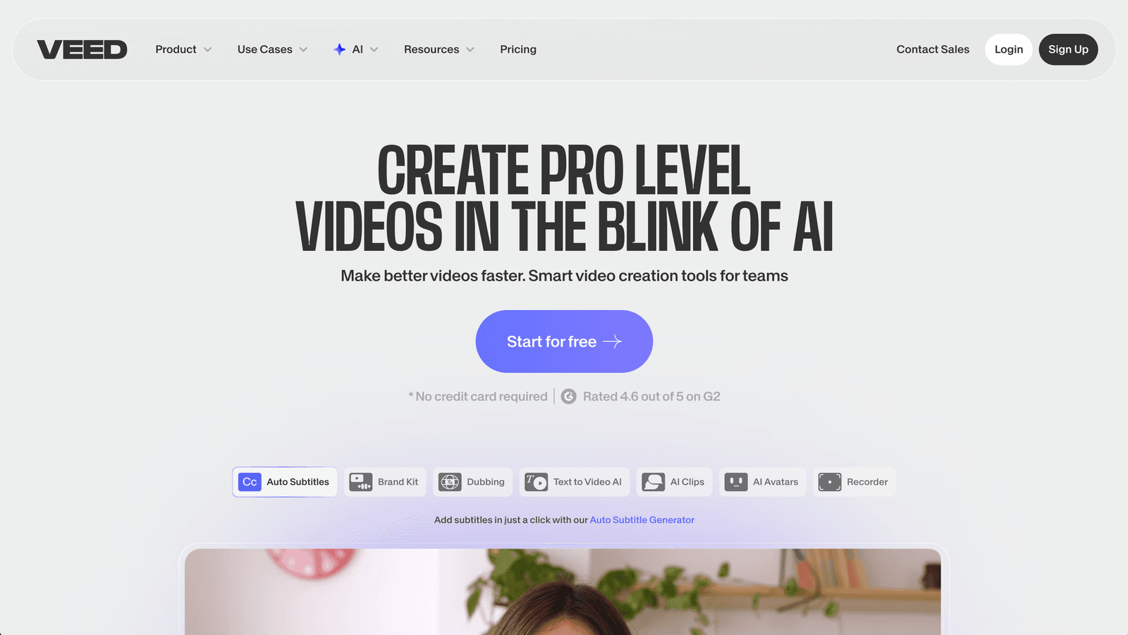 VEED.io online video editor with AI translation panel open showing subtitle generation and basic dubbing options
