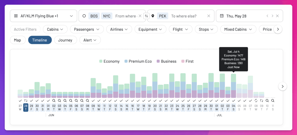 AwardFares timeline view is a killer feature when trying to find award availability across multiple dates. Combining this with filters lets you quickly narrow down to the best redemptions.