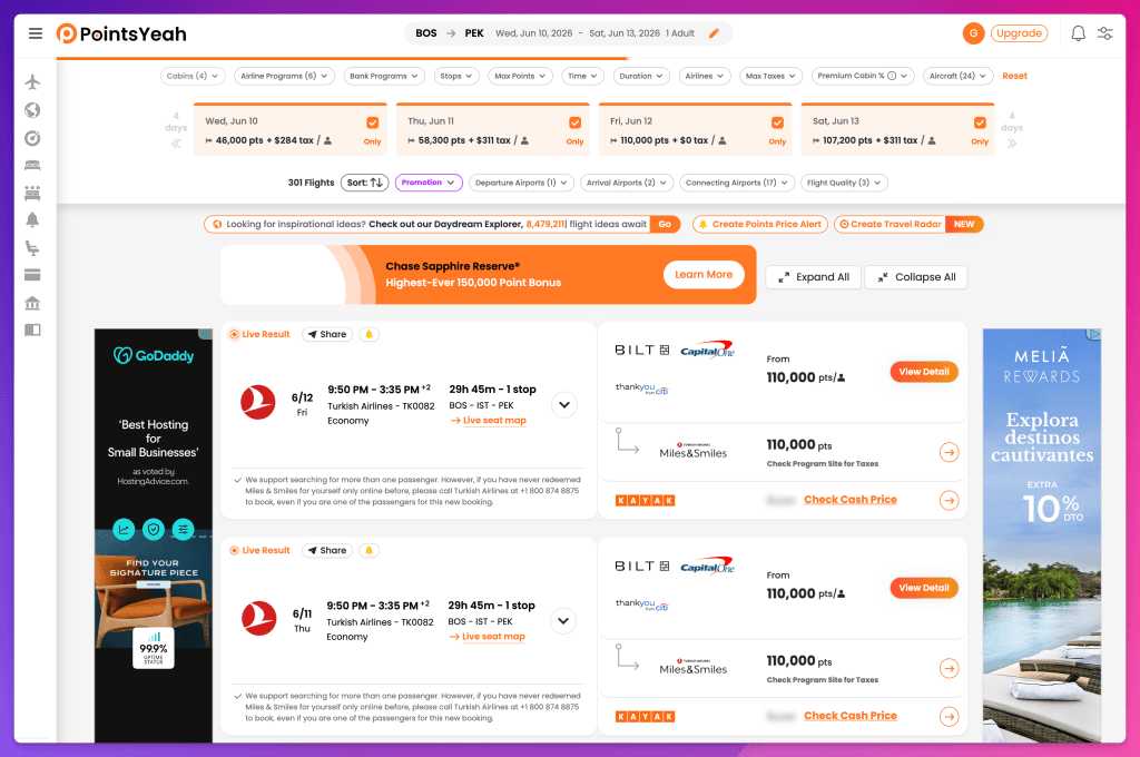 PointsYeah searching from Boston to Beijing (PEK)