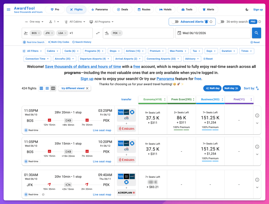 AwardTool searching from Boston and New York airports to Beijing PEK