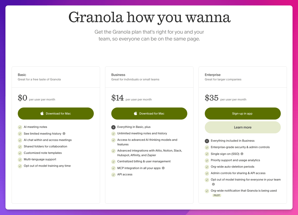 Granola.ai Pricing
