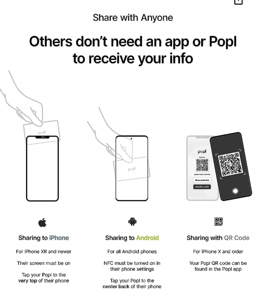 Popl physical NFC card back view showing tap-to-share design