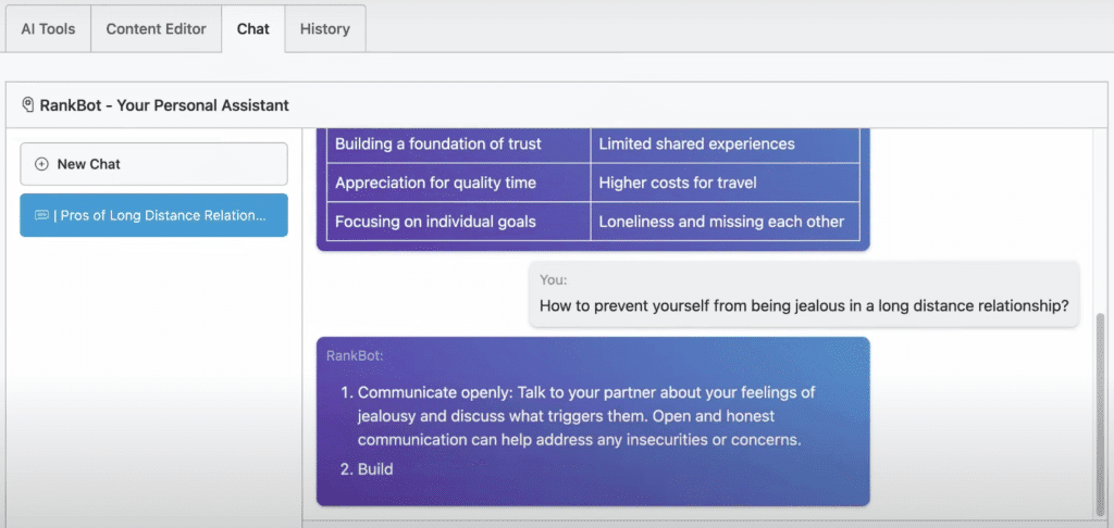 RankBot. Use the smart SEO chatbot to research topics and gather insights from Rank Math and WordPress dashboard.