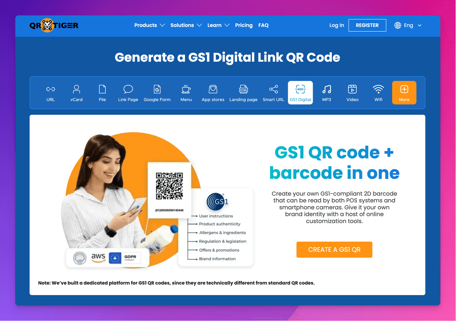 QR Tiger: one of the best GS1 QR code generators