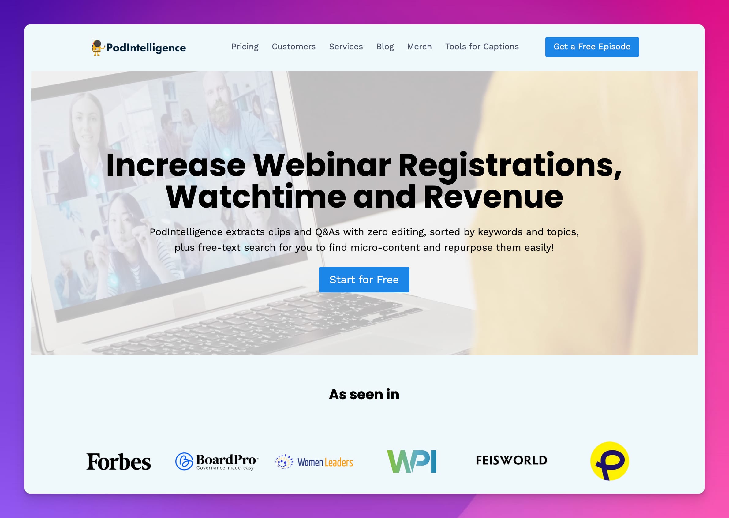 PodIntelligence website — AI-powered podcast repurposing tool
