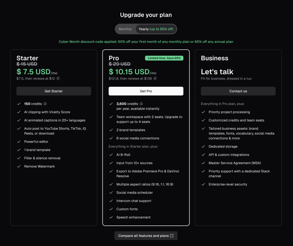 OpusClip Black Friday Pricing in 2025: Get 50% off the first month, or 65% off the annual plan.