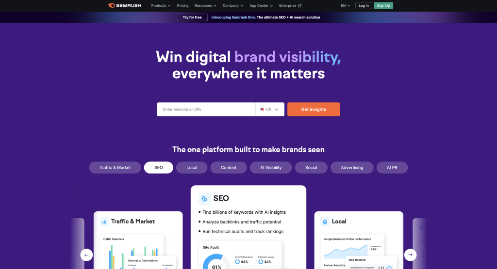 Semrush home page. On Nov. 19, 2025, Adobe acquires Semrush as part of their strategy towards diversification and staying on top of GEO/SEO and the future of search.